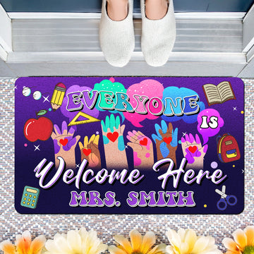 Everyone Is Welcome Here Doormat - Personalized Inclusive Classroom Mat - Teacher Welcome Rug - Back to School Gift Idea