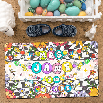 Custom 2nd Grade Teacher Doormat with Bead Bracelet Design - Personalized Classroom Welcome Mat - Groovy Teacher Decor