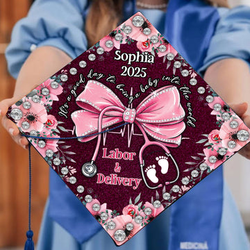 Personalized Labor and Delivery Graduation Cap Topper, Pink Bow Nurse Stethoscope Grad Cap