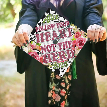 Personalized Farmer Graduation Cap Topper, Follow Your Heart Not The Herd Grad Cap, Gift For Cow Lover