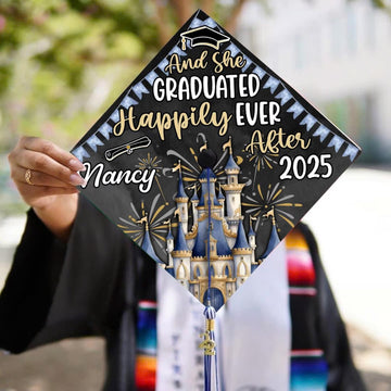 Custom Disney Inspired Graduation Cap Topper, And She Graduated Happily Ever After Grad Cap