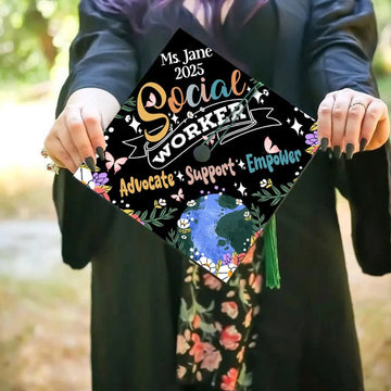 Custom Retro Social Worker Graduation Cap Topper, Advocate Support Empower Grad Cap