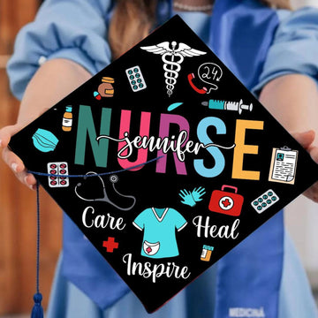 Personalized RN Nurse Graduation Cap Topper, Care Inspire Heal Grad Cap