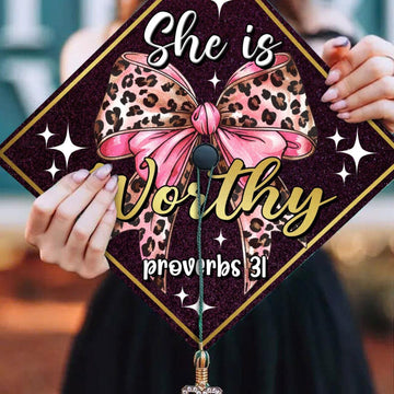 She is Worthy Bow Graduation Cap Topper, Christian Grad Cap