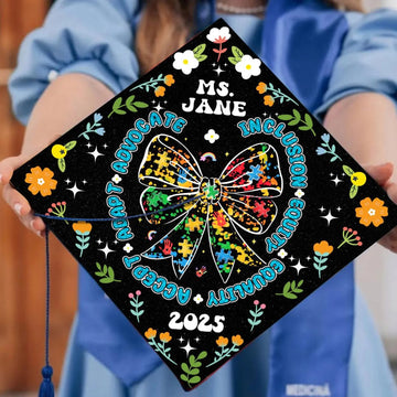 Personalized Autism Awareness Graduation Cap Topper, Custom Autism Bow Puzzle Grad Cap