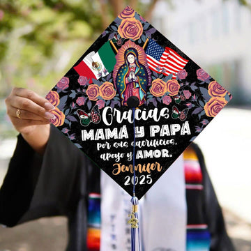 Custom Mexican Graduation Cap Topper, Personalized Gracias Mamá y Papá Guadalupe Grad Cap