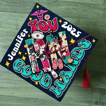Personalized RN Nursing Graduation Cap Topper, Nurse Good Hands Grad Cap To Celebrate Your Big Day