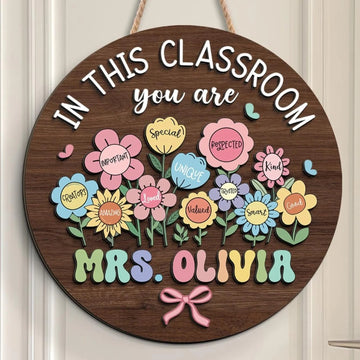 Personalized Teacher 3D Door Hanger, Boho Floral Teacher Doorsign, In This Classroom Teacher Name Sign