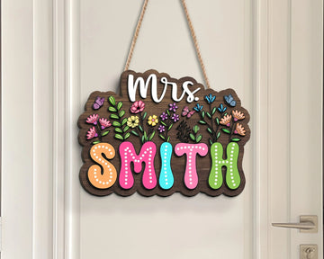 Personalized 3D Teacher Sign, Teacher Door Hanger, Custom Floral Sign For Teacher, Teacher Classroom Decor