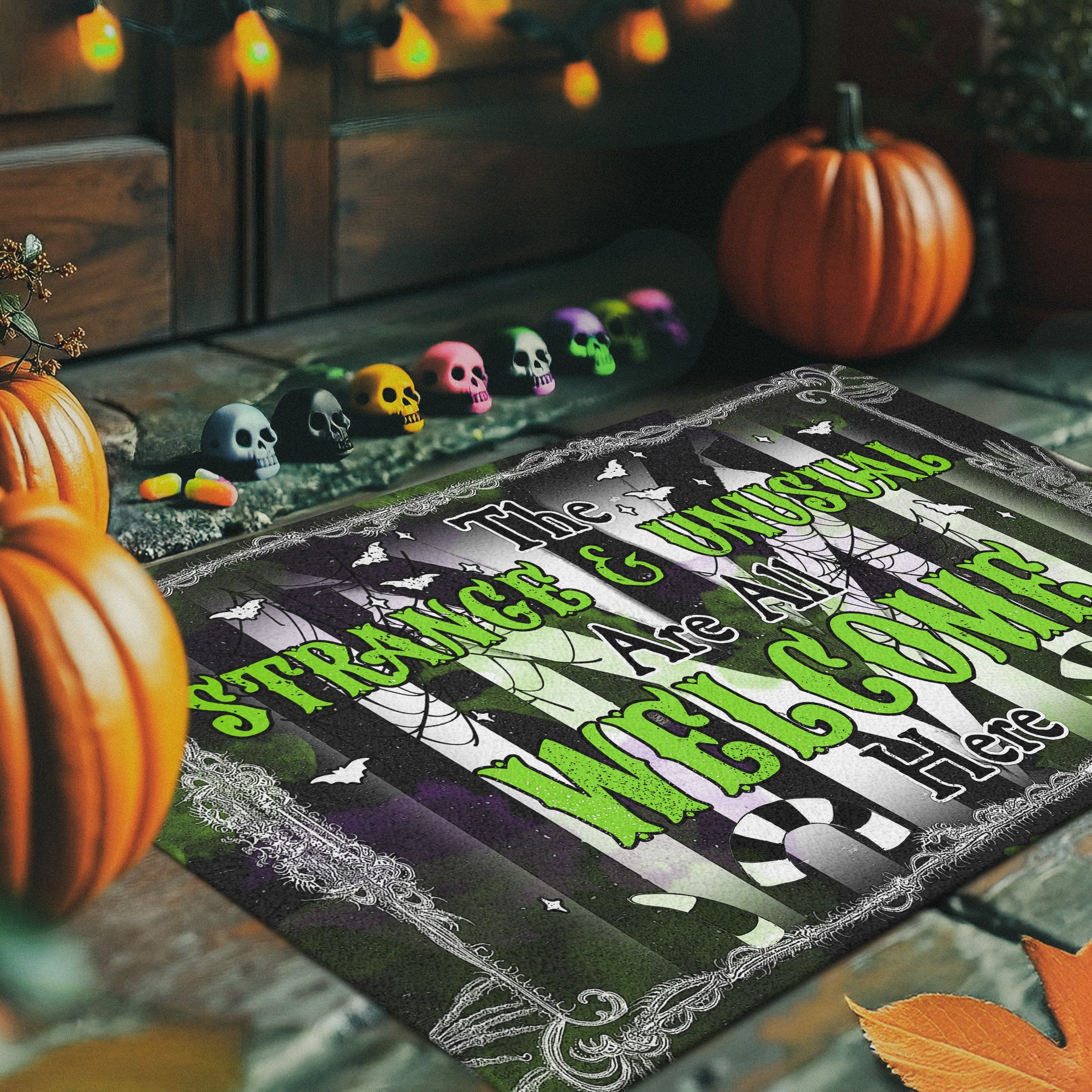 Strange & Unusual Halloween Doormat | Gothic Welcome Mat for Porch Decor | Spooky Outdoor Rug for Fall | Beetlejuice Inspired Entryway Mat