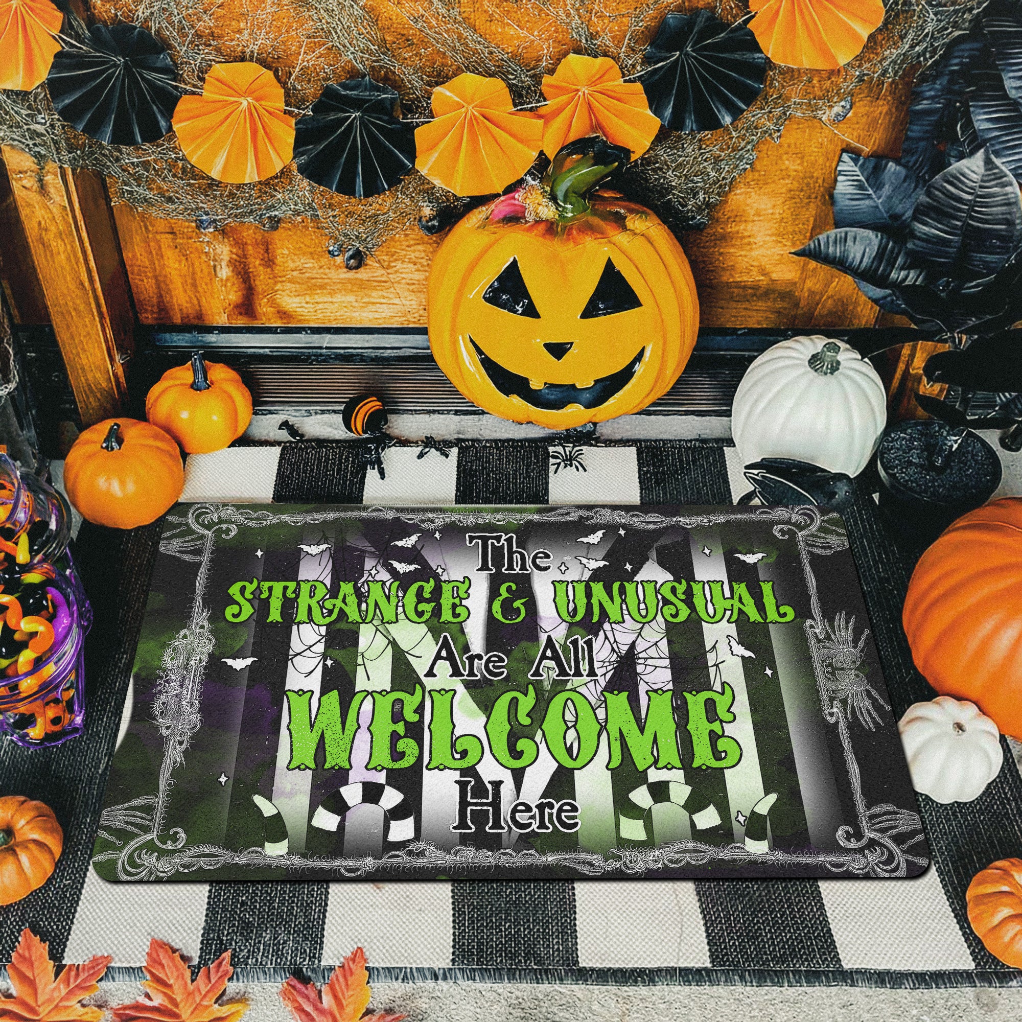 Strange & Unusual Halloween Doormat | Gothic Welcome Mat for Porch Decor | Spooky Outdoor Rug for Fall | Beetlejuice Inspired Entryway Mat
