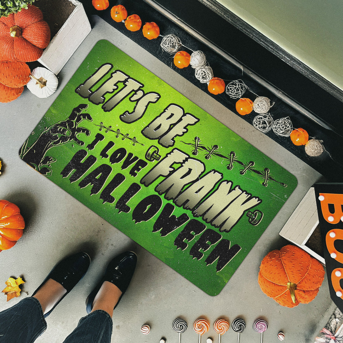 Funny Movie Halloween Doormat | Let’s Be Frank I Love Halloween Mat | Spooky Green Porch Decor Rug | Punny Entryway Welcome Mat