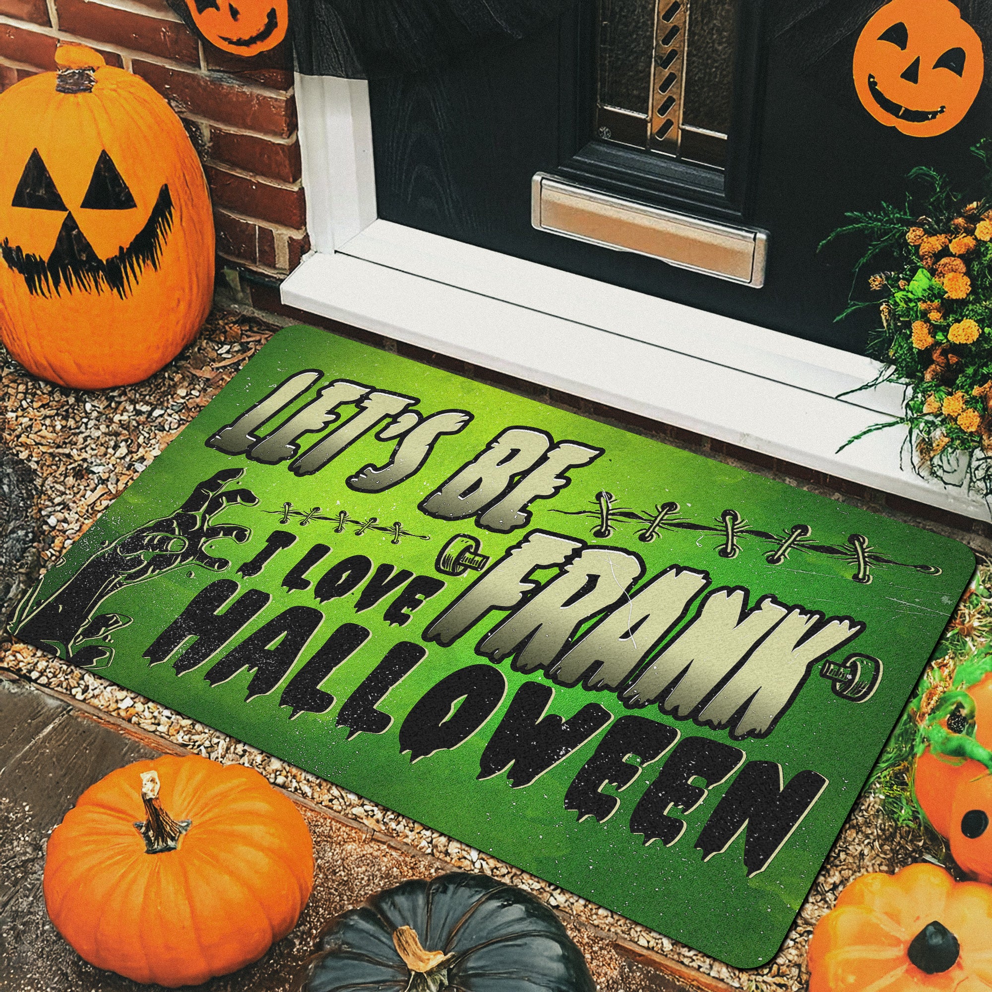 Funny Movie Halloween Doormat | Let’s Be Frank I Love Halloween Mat | Spooky Green Porch Decor Rug | Punny Entryway Welcome Mat
