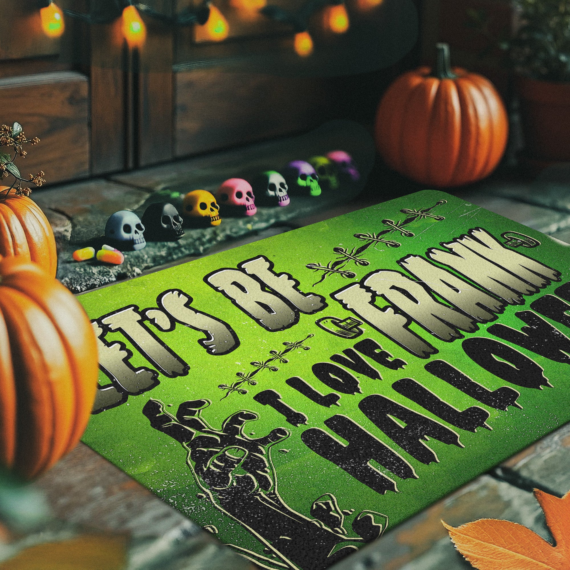 Funny Movie Halloween Doormat | Let’s Be Frank I Love Halloween Mat | Spooky Green Porch Decor Rug | Punny Entryway Welcome Mat