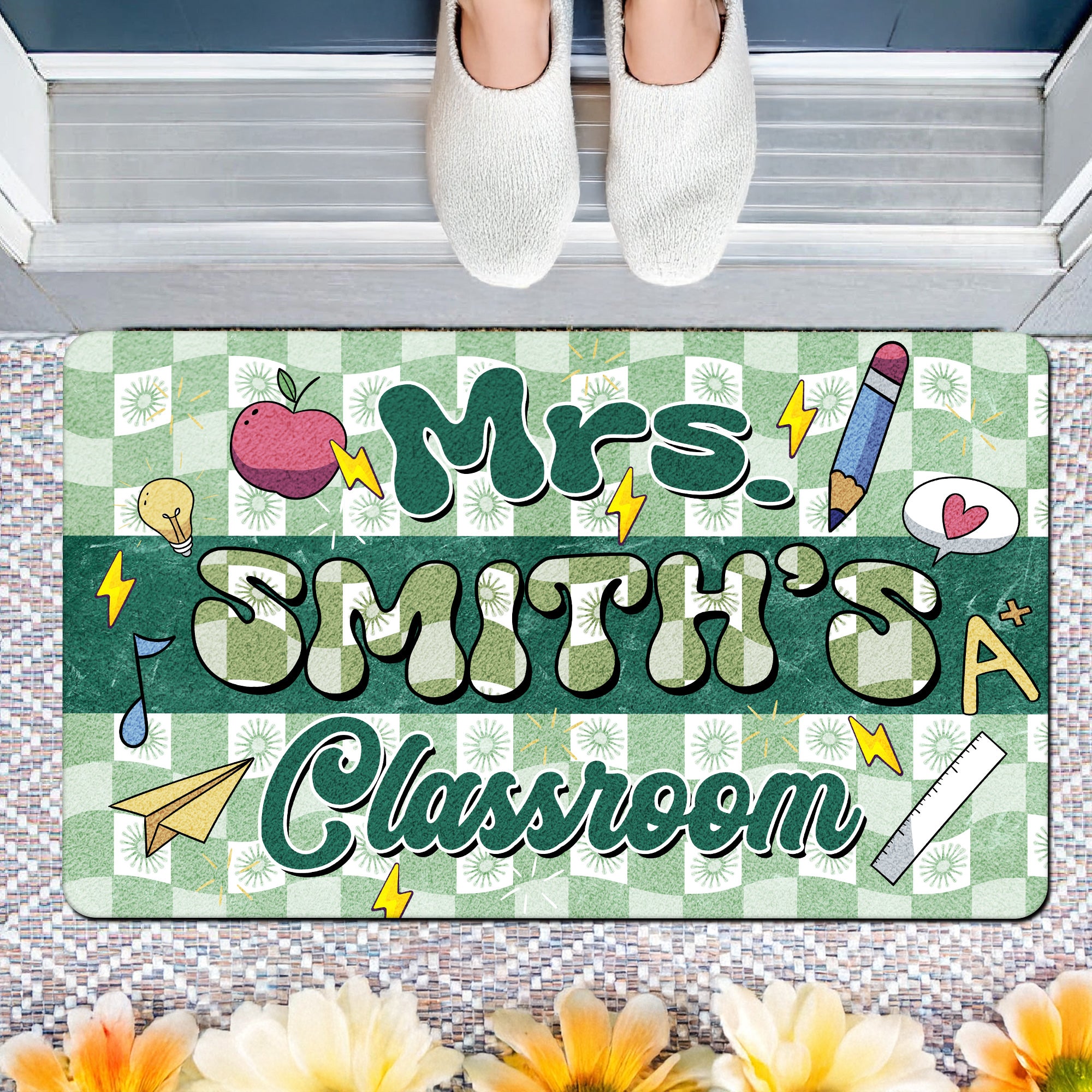 Groovy Teacher Classroom Doormat - Custom Name Welcome Mat for Back to School