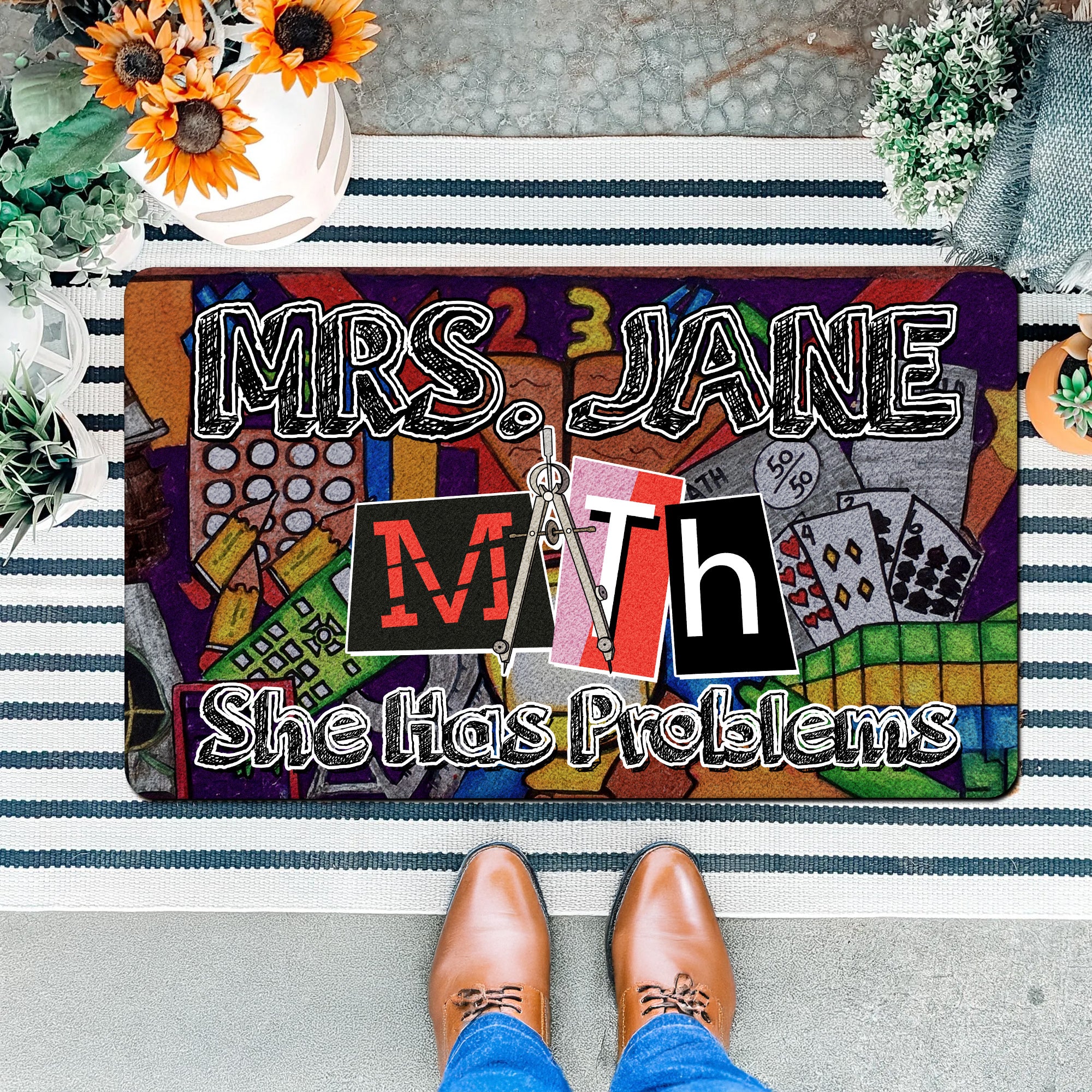 Funny Math Teacher Doormat - Custom Welcome Mat for Classroom - "She Has Problems" Rug - Back to School Gift for Math Teachers