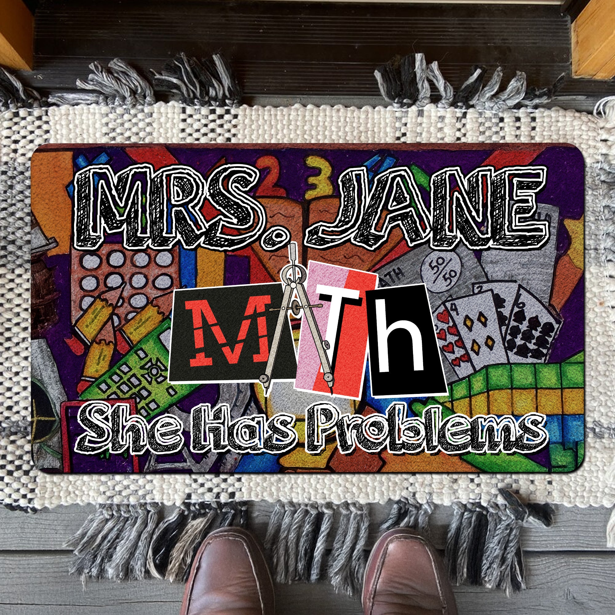 Funny Math Teacher Doormat - Custom Welcome Mat for Classroom - "She Has Problems" Rug - Back to School Gift for Math Teachers