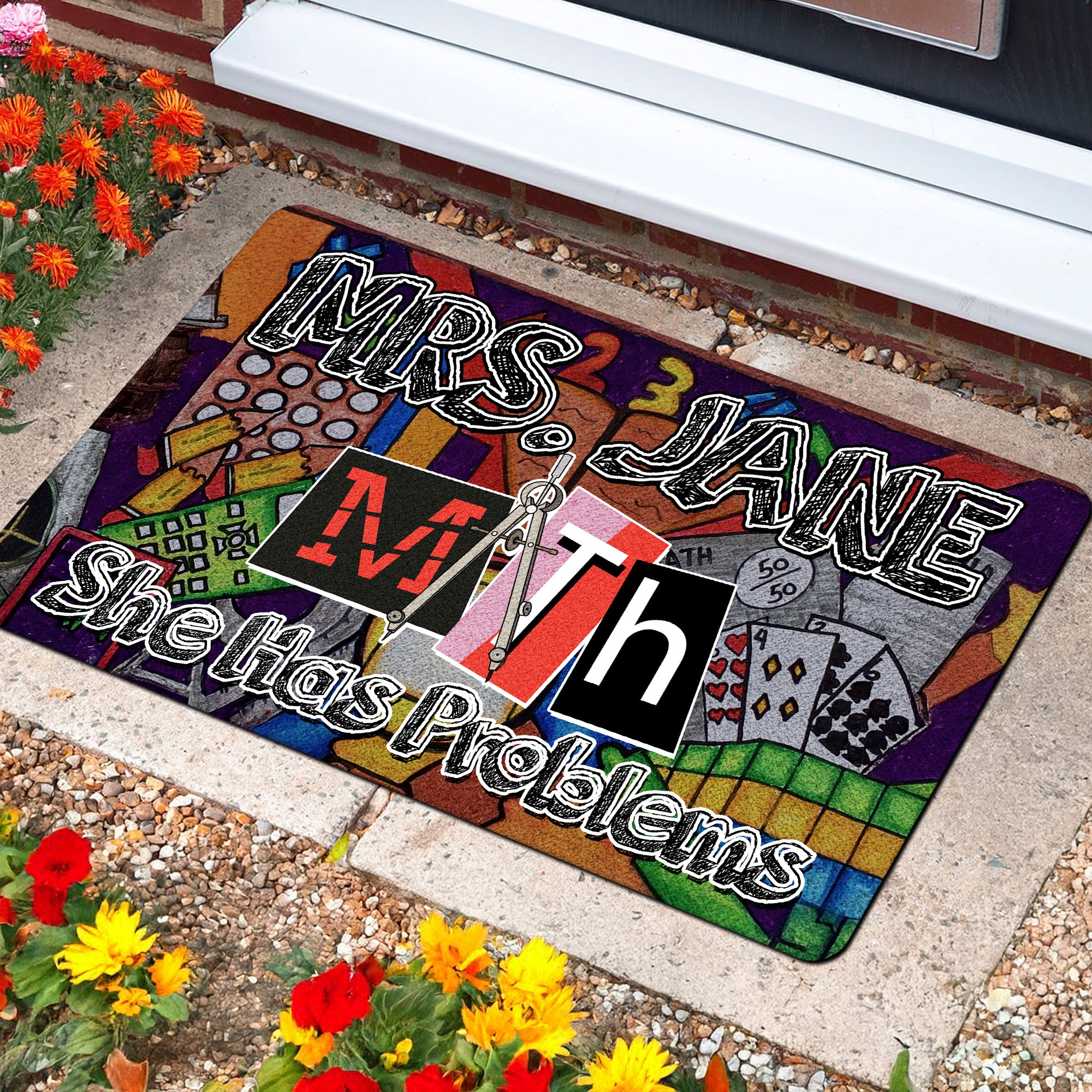 Funny Math Teacher Doormat - Custom Welcome Mat for Classroom - "She Has Problems" Rug - Back to School Gift for Math Teachers