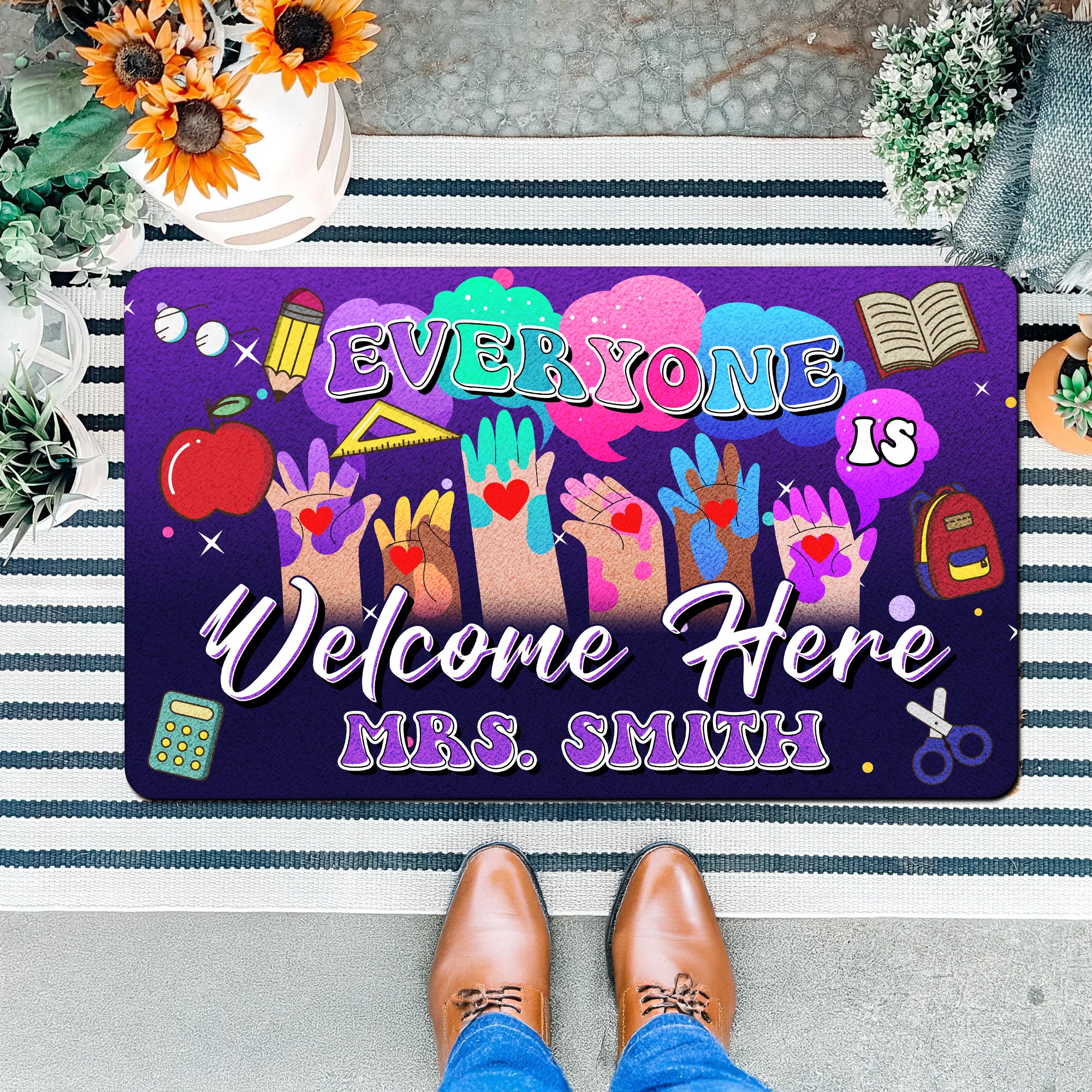 Everyone Is Welcome Here Doormat - Personalized Inclusive Classroom Mat - Teacher Welcome Rug - Back to School Gift Idea