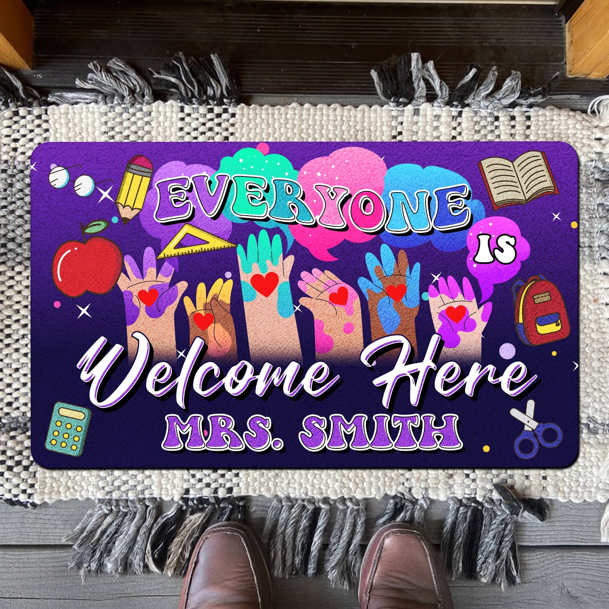Everyone Is Welcome Here Doormat - Personalized Inclusive Classroom Mat - Teacher Welcome Rug - Back to School Gift Idea