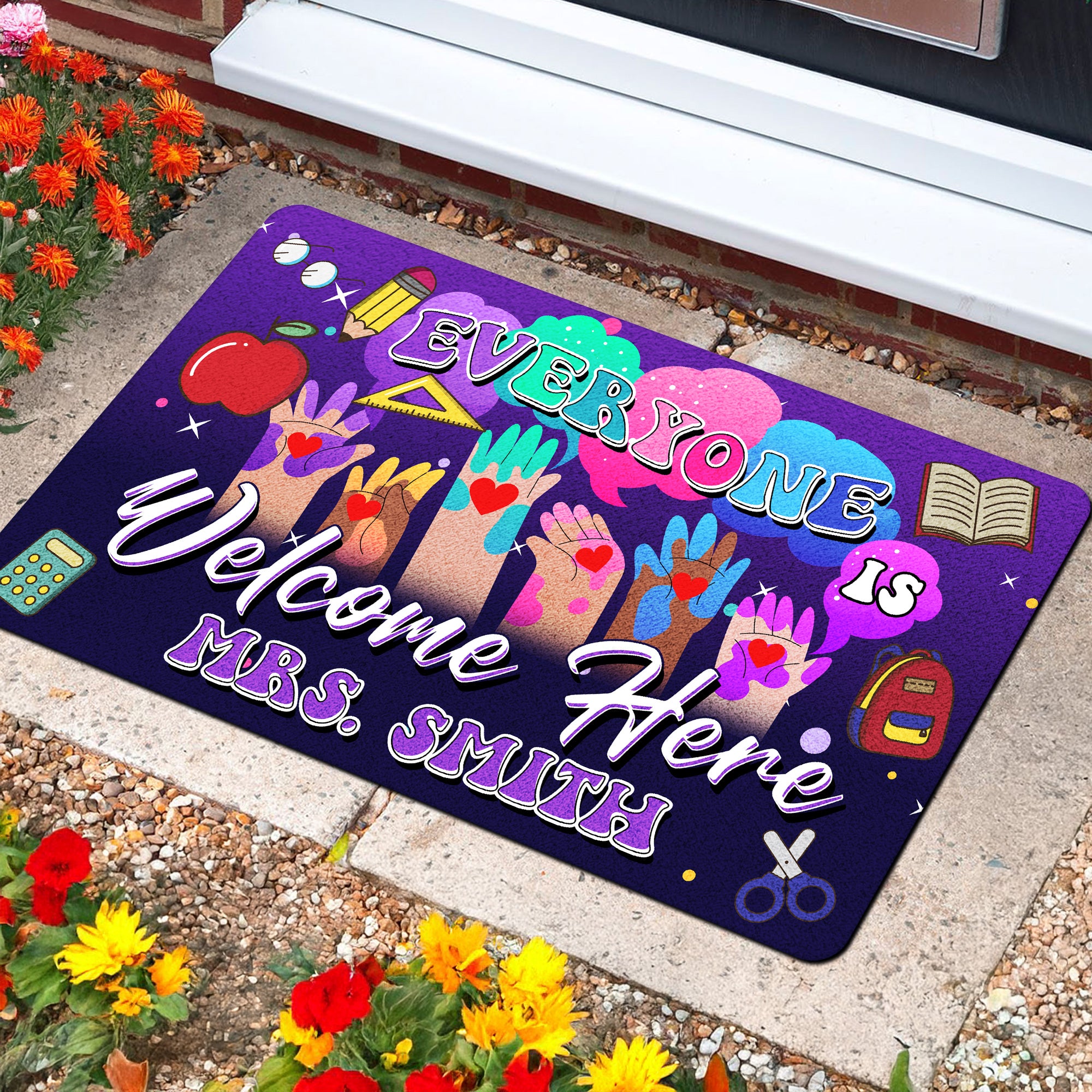 Everyone Is Welcome Here Doormat - Personalized Inclusive Classroom Mat - Teacher Welcome Rug - Back to School Gift Idea