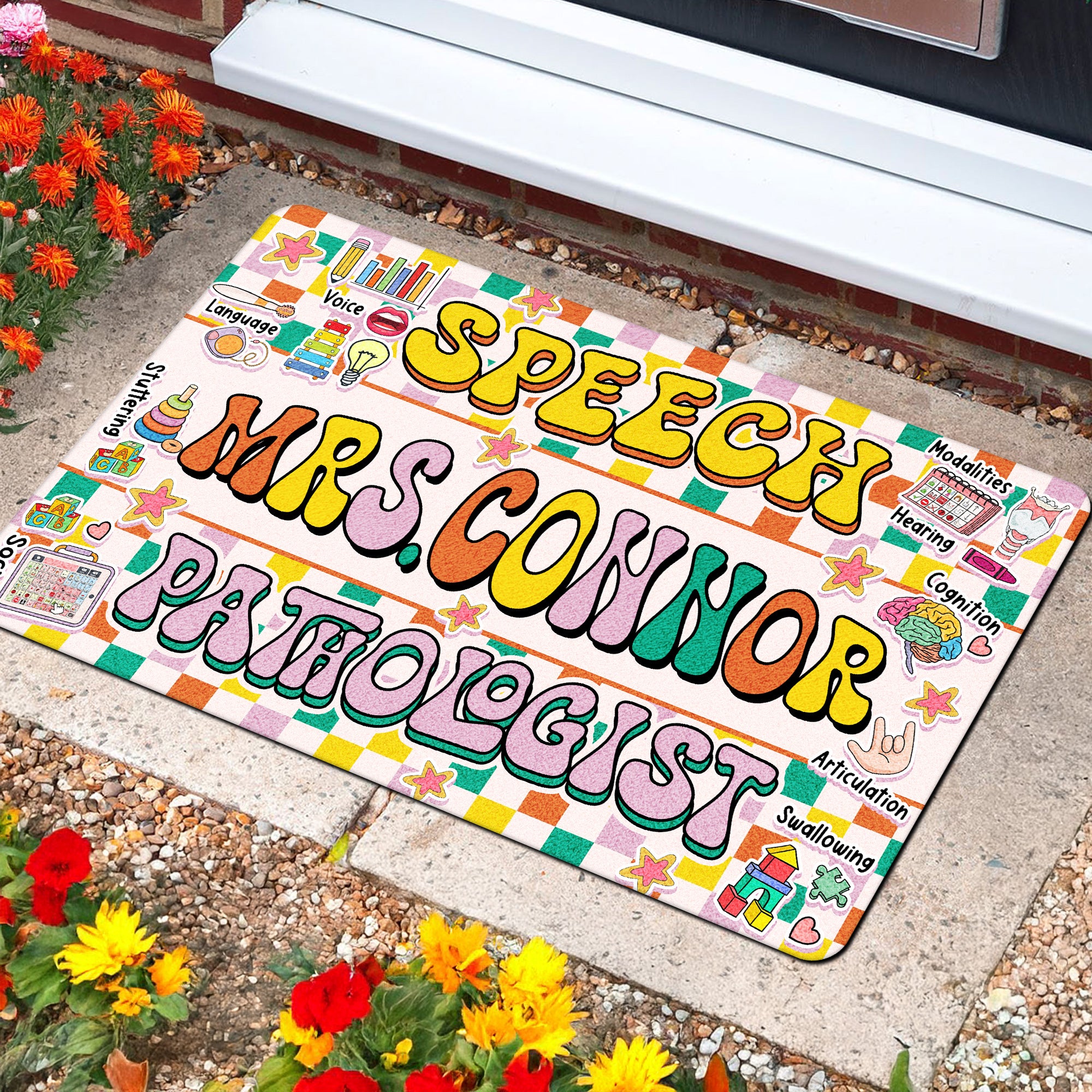 Speech Pathologist Doormat - Personalized SLP Welcome Mat - Colorful Therapy Room Decor - Back to School Gift for Speech Teachers