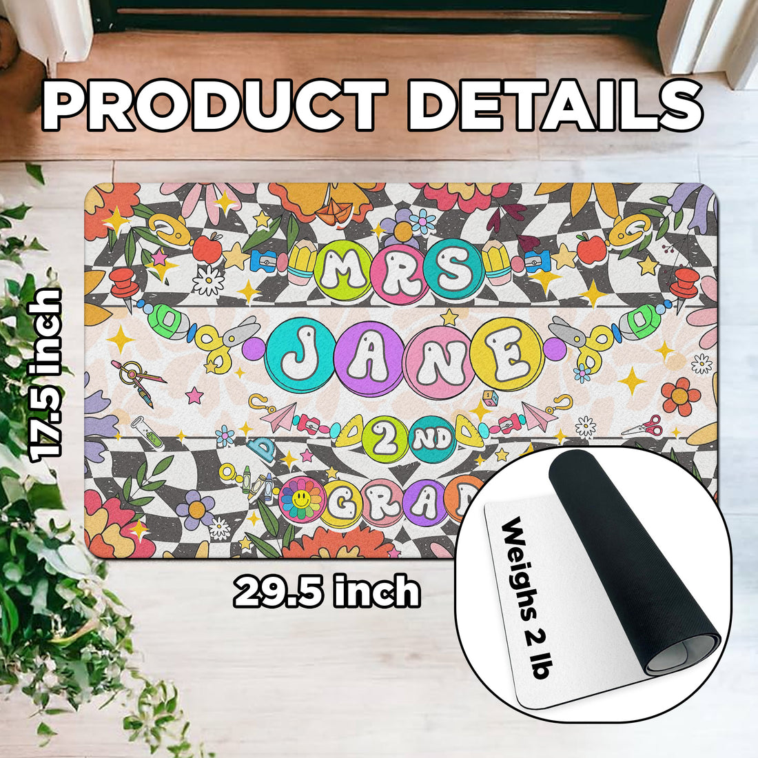 Custom 2nd Grade Teacher Doormat with Bead Bracelet Design - Personalized Classroom Welcome Mat - Groovy Teacher Decor