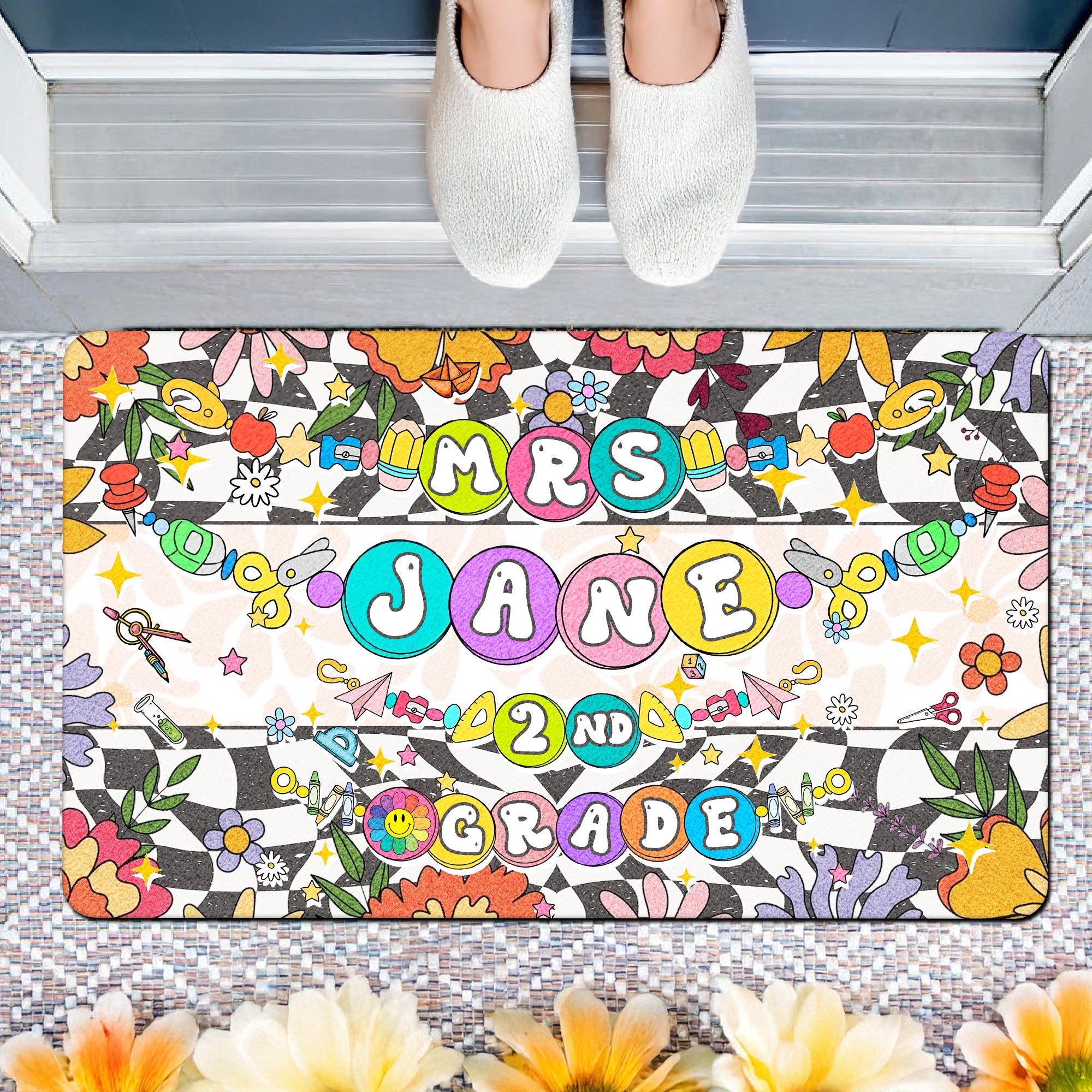 Custom 2nd Grade Teacher Doormat with Bead Bracelet Design - Personalized Classroom Welcome Mat - Groovy Teacher Decor