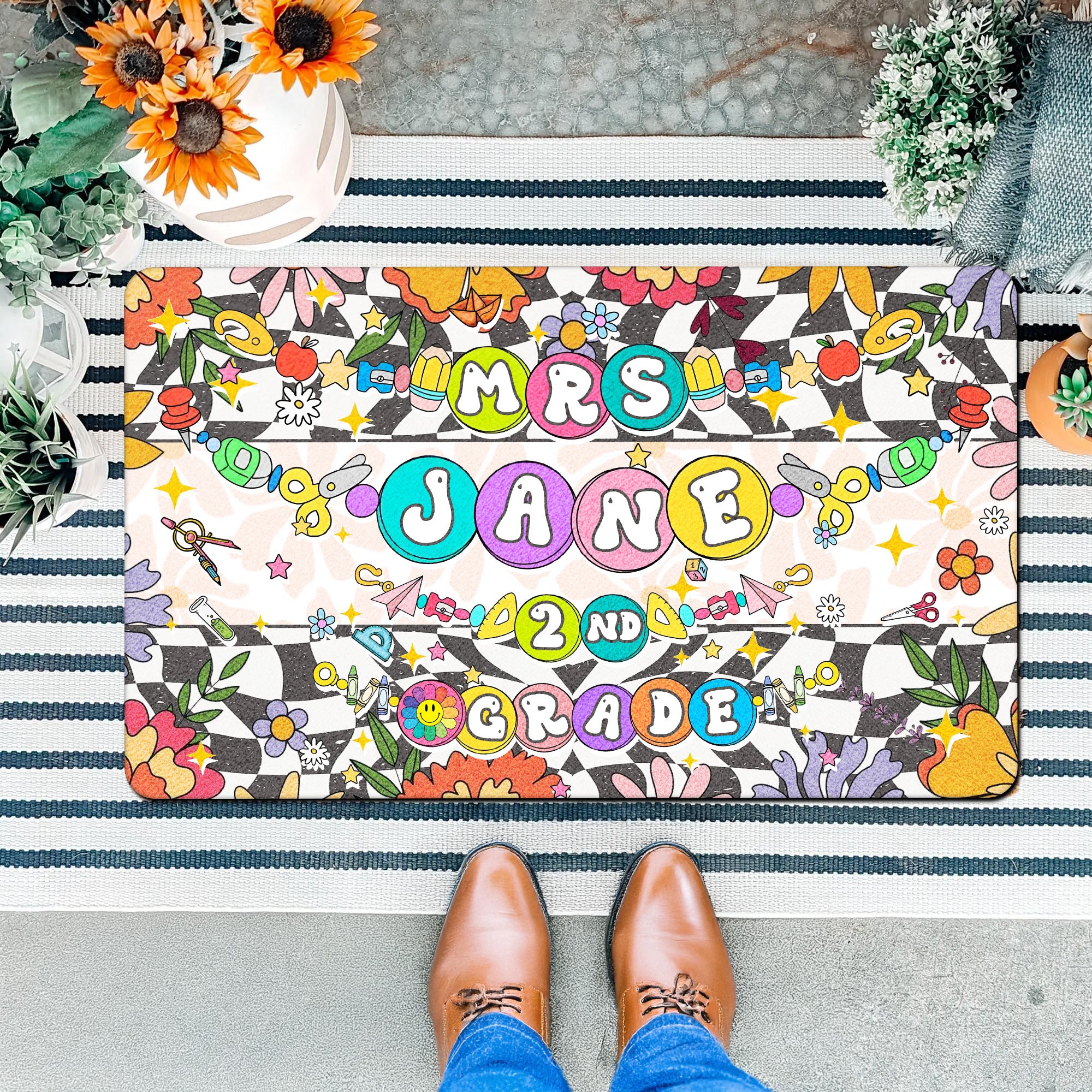Custom 2nd Grade Teacher Doormat with Bead Bracelet Design - Personalized Classroom Welcome Mat - Groovy Teacher Decor