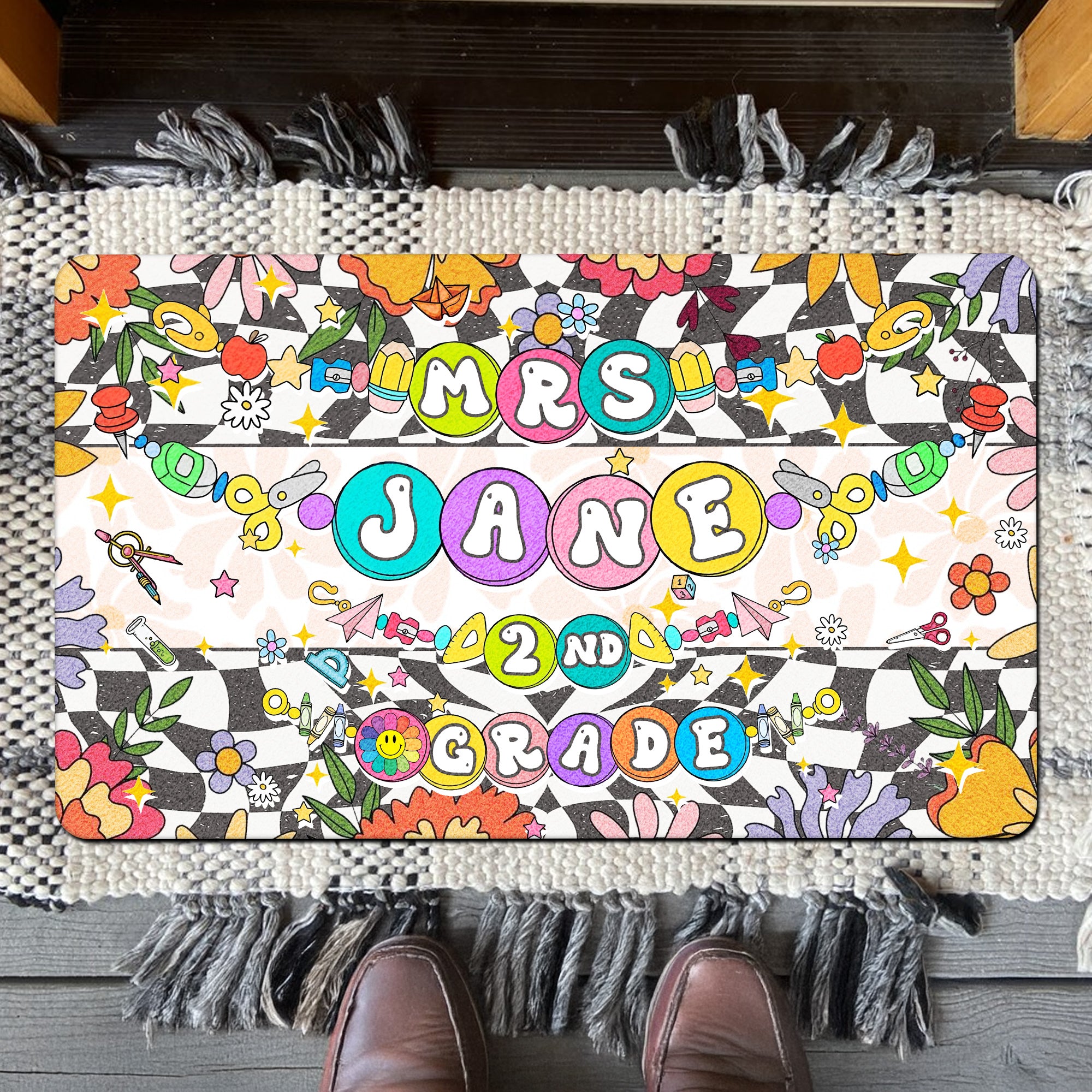 Custom 2nd Grade Teacher Doormat with Bead Bracelet Design - Personalized Classroom Welcome Mat - Groovy Teacher Decor