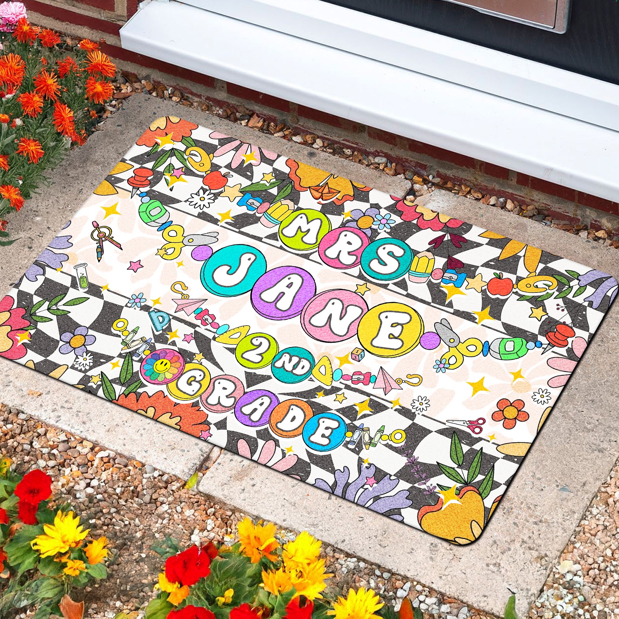 Custom 2nd Grade Teacher Doormat with Bead Bracelet Design - Personalized Classroom Welcome Mat - Groovy Teacher Decor