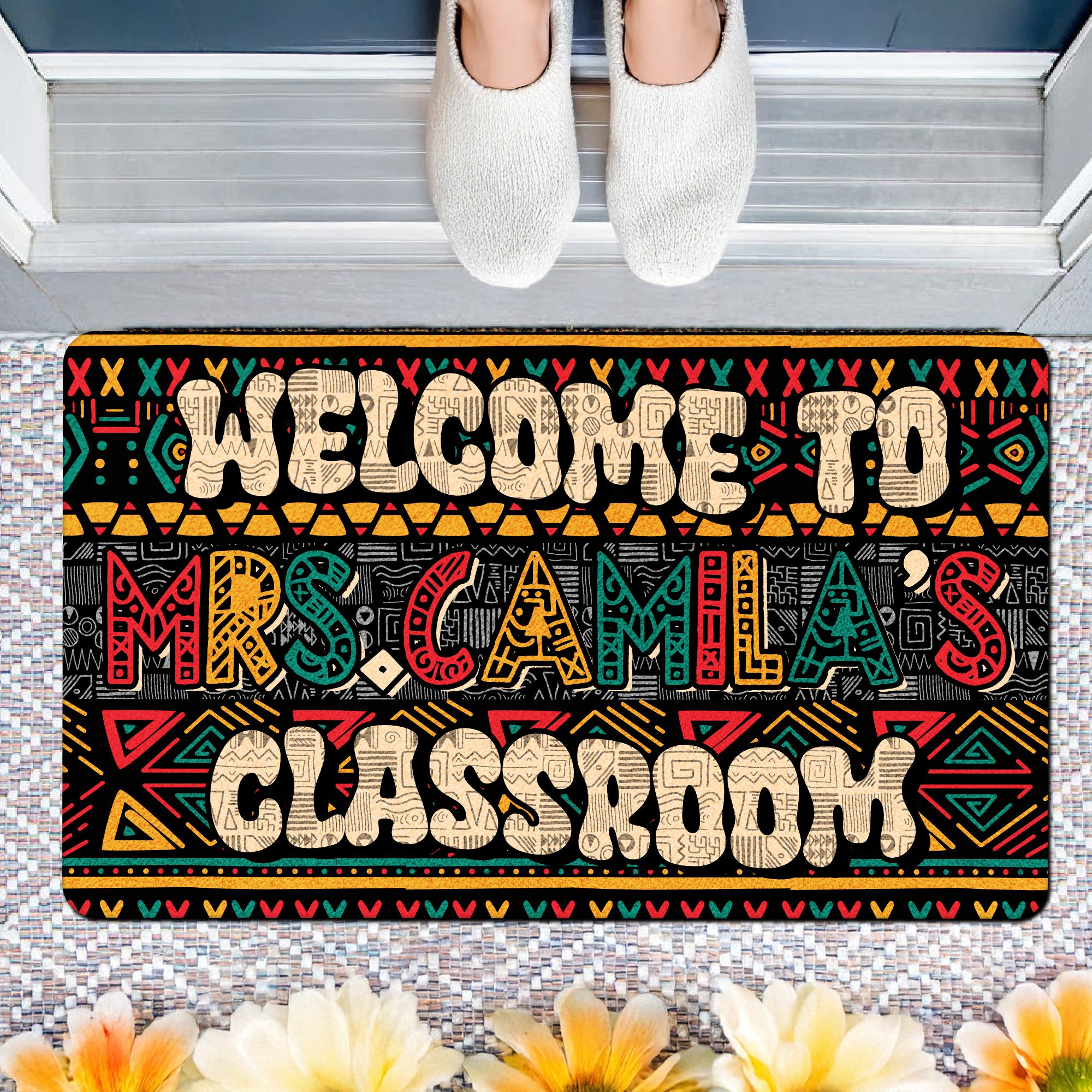 Afrocentric Teacher Doormat - Welcome to Classroom Rug - Personalized Ethnic Style Back to School Decor for Teachers