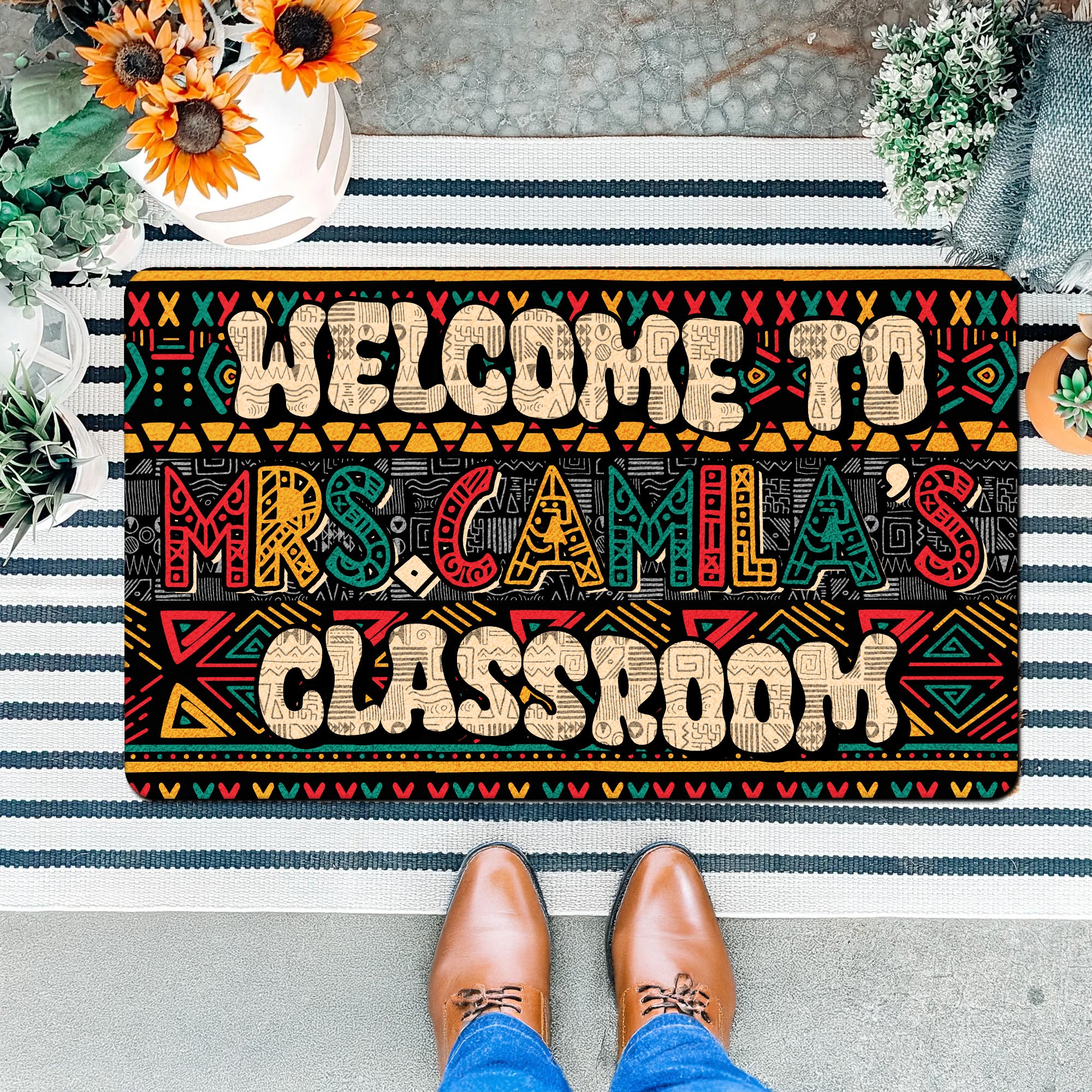 Afrocentric Teacher Doormat - Welcome to Classroom Rug - Personalized Ethnic Style Back to School Decor for Teachers