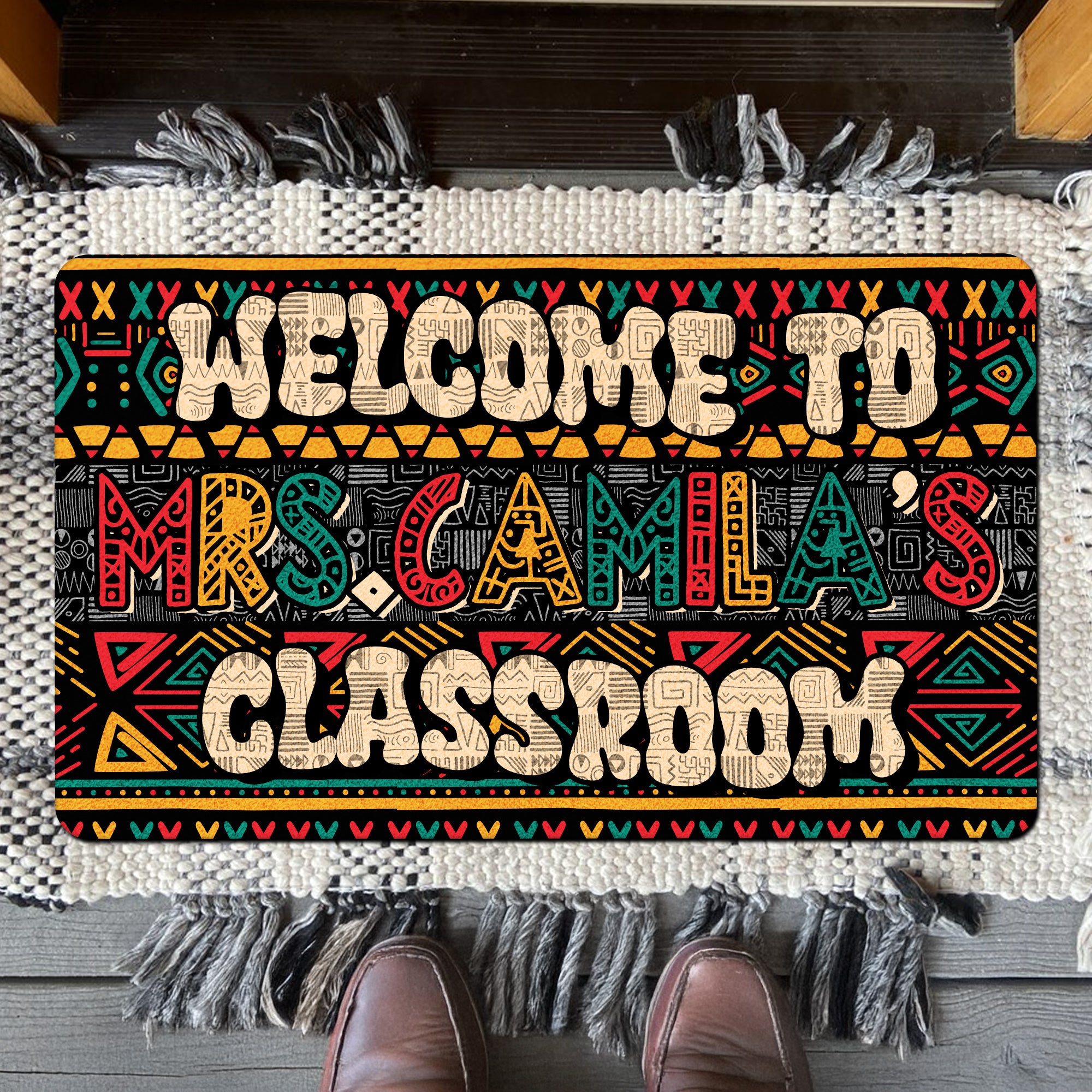 Afrocentric Teacher Doormat - Welcome to Classroom Rug - Personalized Ethnic Style Back to School Decor for Teachers