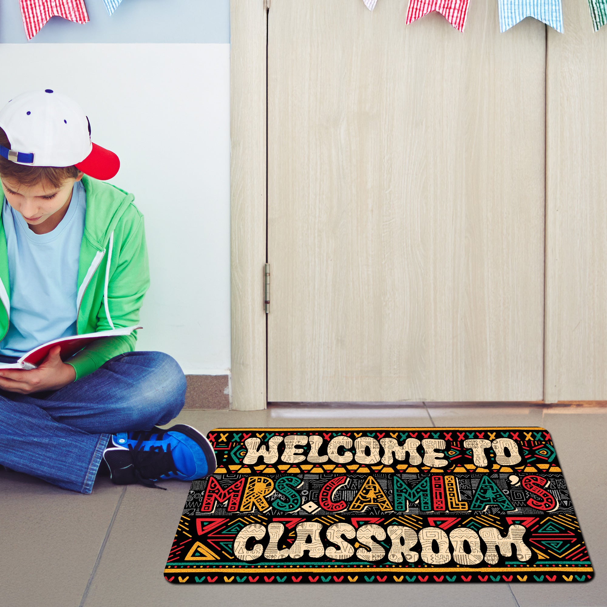 Afrocentric Teacher Doormat - Welcome to Classroom Rug - Personalized Ethnic Style Back to School Decor for Teachers