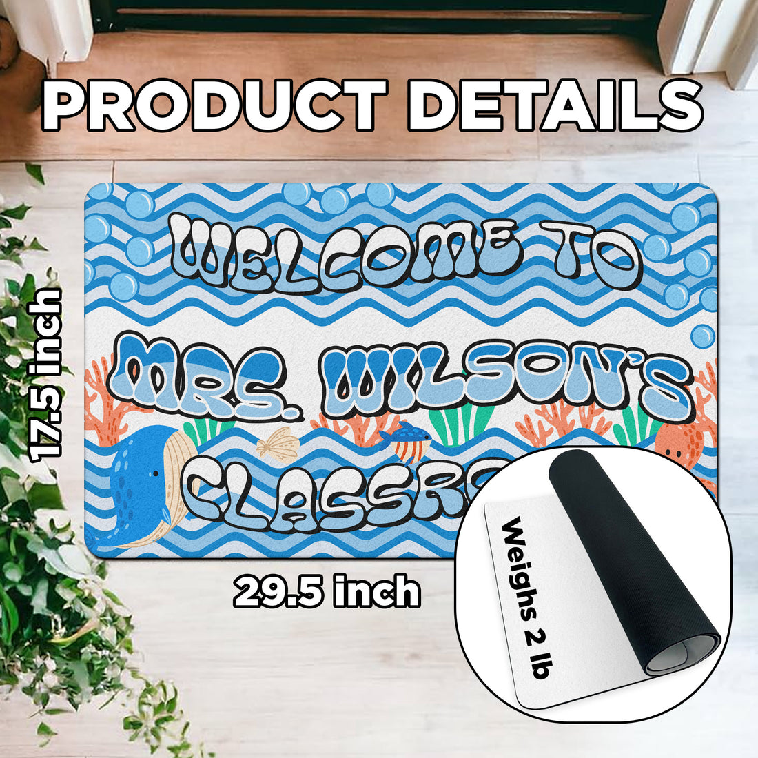 Ocean Theme Teacher Doormat - Welcome to the Classroom Rug - Personalized Under the Sea Decor for Teachers
