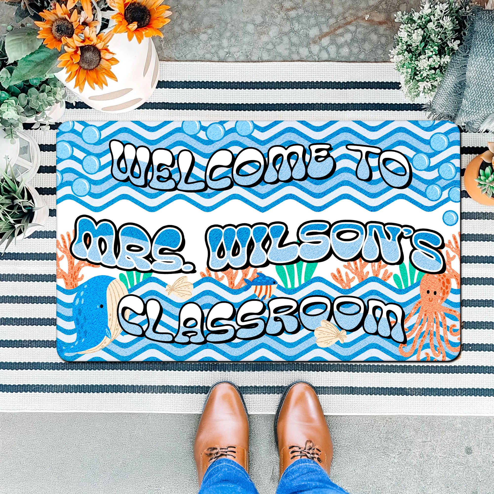 Ocean Theme Teacher Doormat - Welcome to the Classroom Rug - Personalized Under the Sea Decor for Teachers
