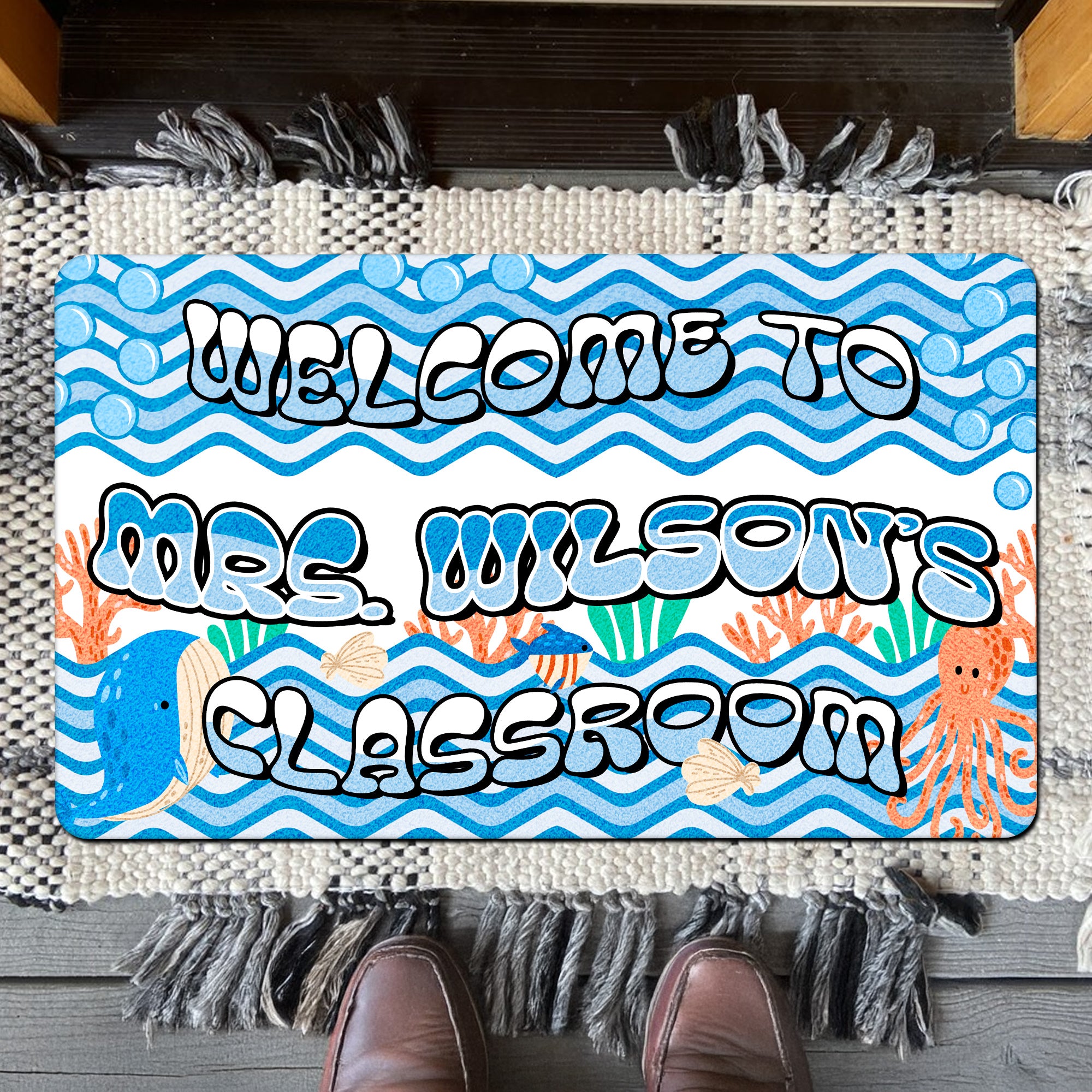 Ocean Theme Teacher Doormat - Welcome to the Classroom Rug - Personalized Under the Sea Decor for Teachers
