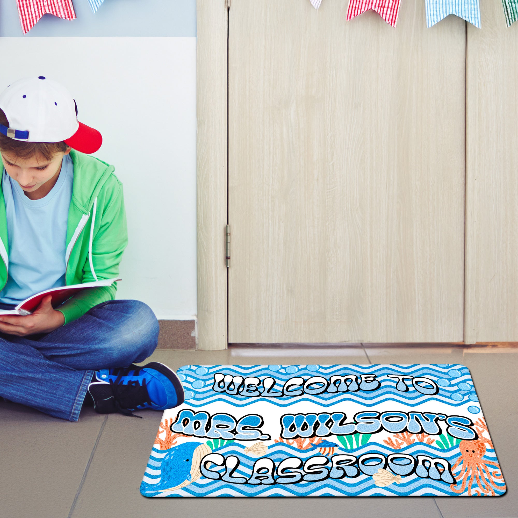 Ocean Theme Teacher Doormat - Welcome to the Classroom Rug - Personalized Under the Sea Decor for Teachers
