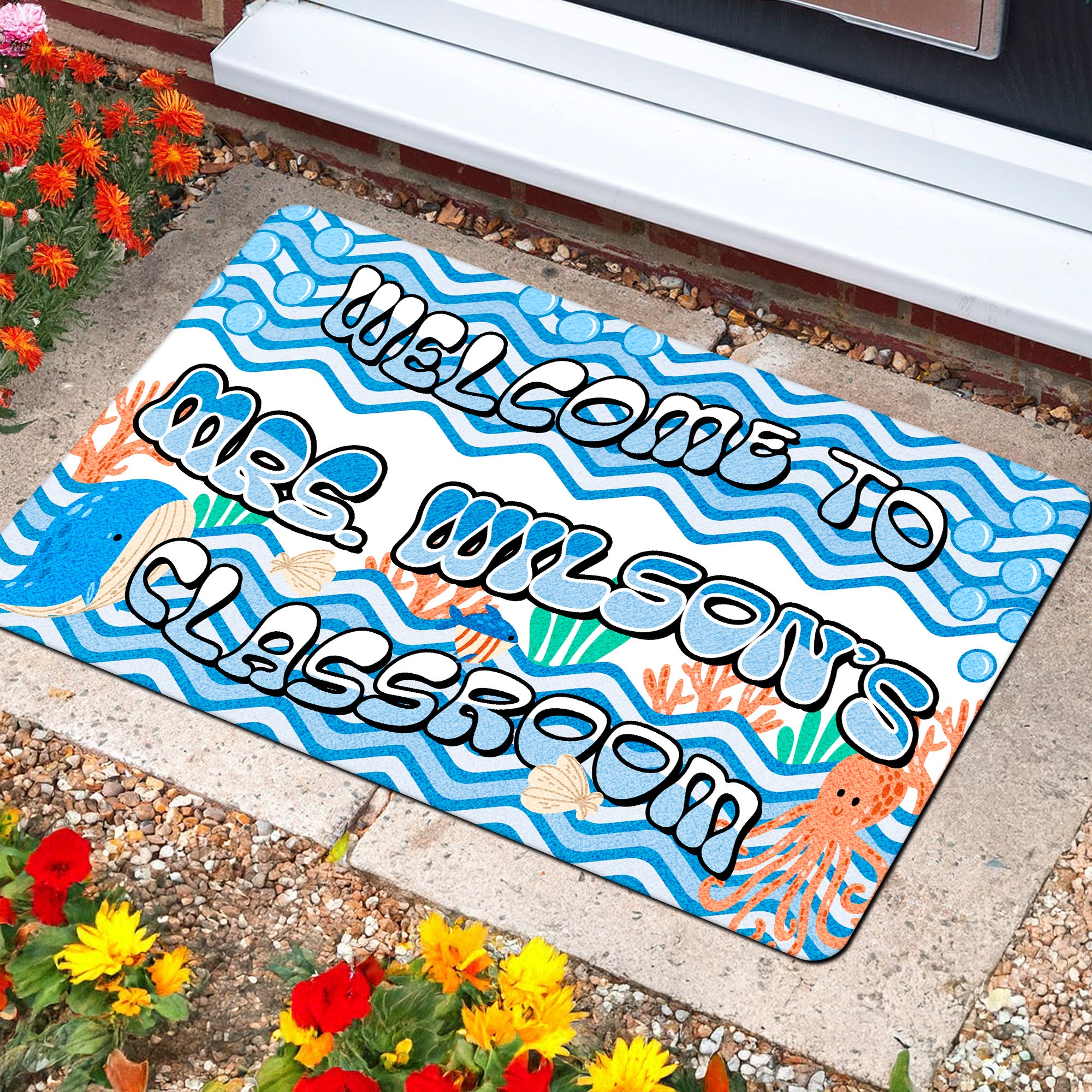 Ocean Theme Teacher Doormat - Welcome to the Classroom Rug - Personalized Under the Sea Decor for Teachers
