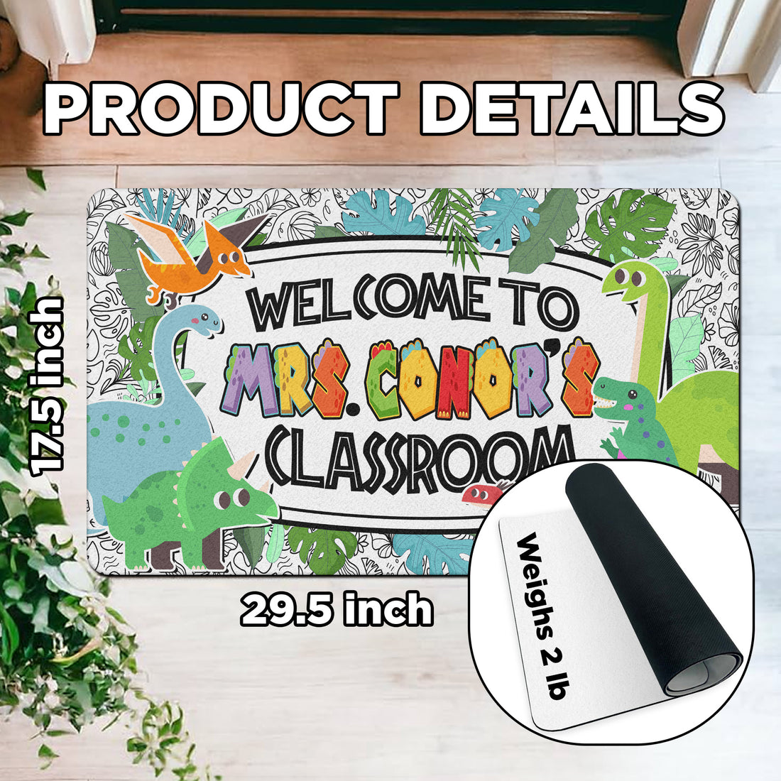 Dinosaur Teacher Doormat - Welcome to the Classroom Rug - Personalized Dino Decor for Kids and Teachers