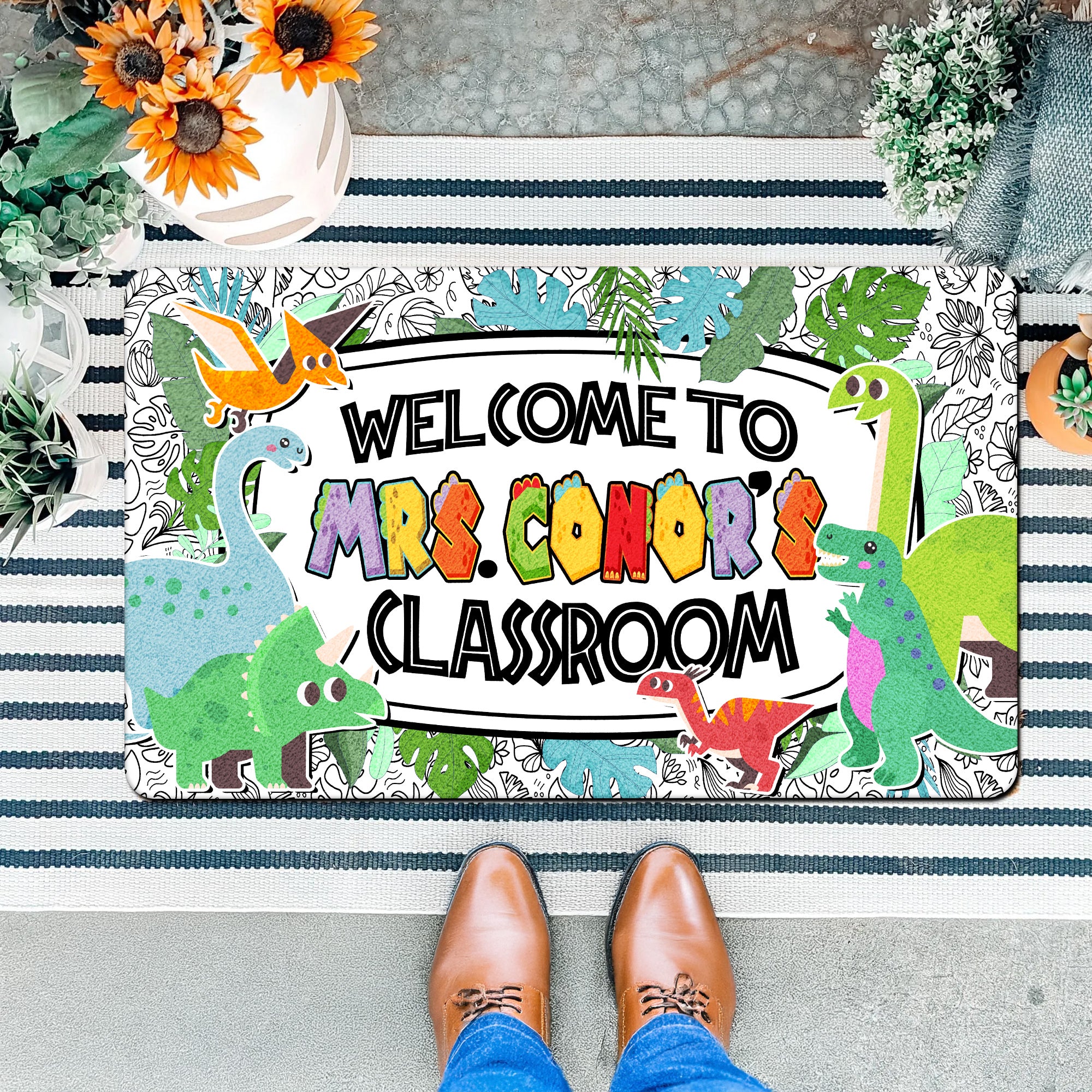 Dinosaur Teacher Doormat - Welcome to the Classroom Rug - Personalized Dino Decor for Kids and Teachers