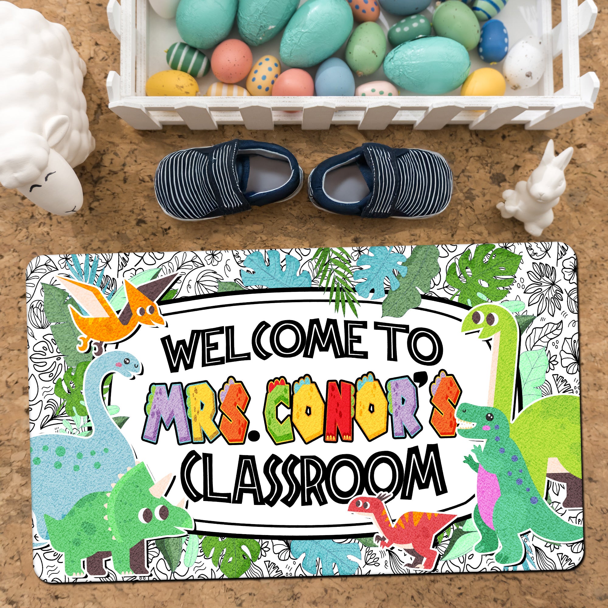Dinosaur Teacher Doormat - Welcome to the Classroom Rug - Personalized Dino Decor for Kids and Teachers