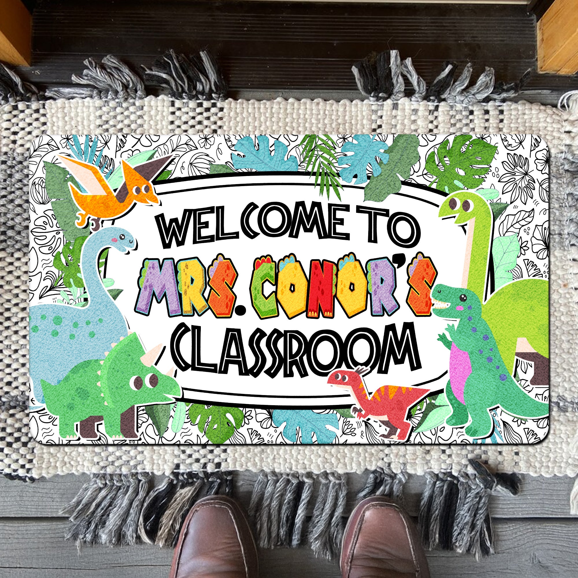 Dinosaur Teacher Doormat - Welcome to the Classroom Rug - Personalized Dino Decor for Kids and Teachers