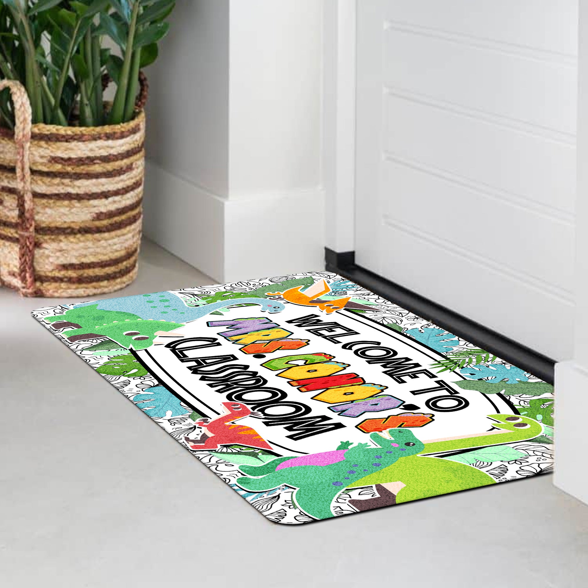 Dinosaur Teacher Doormat - Welcome to the Classroom Rug - Personalized Dino Decor for Kids and Teachers