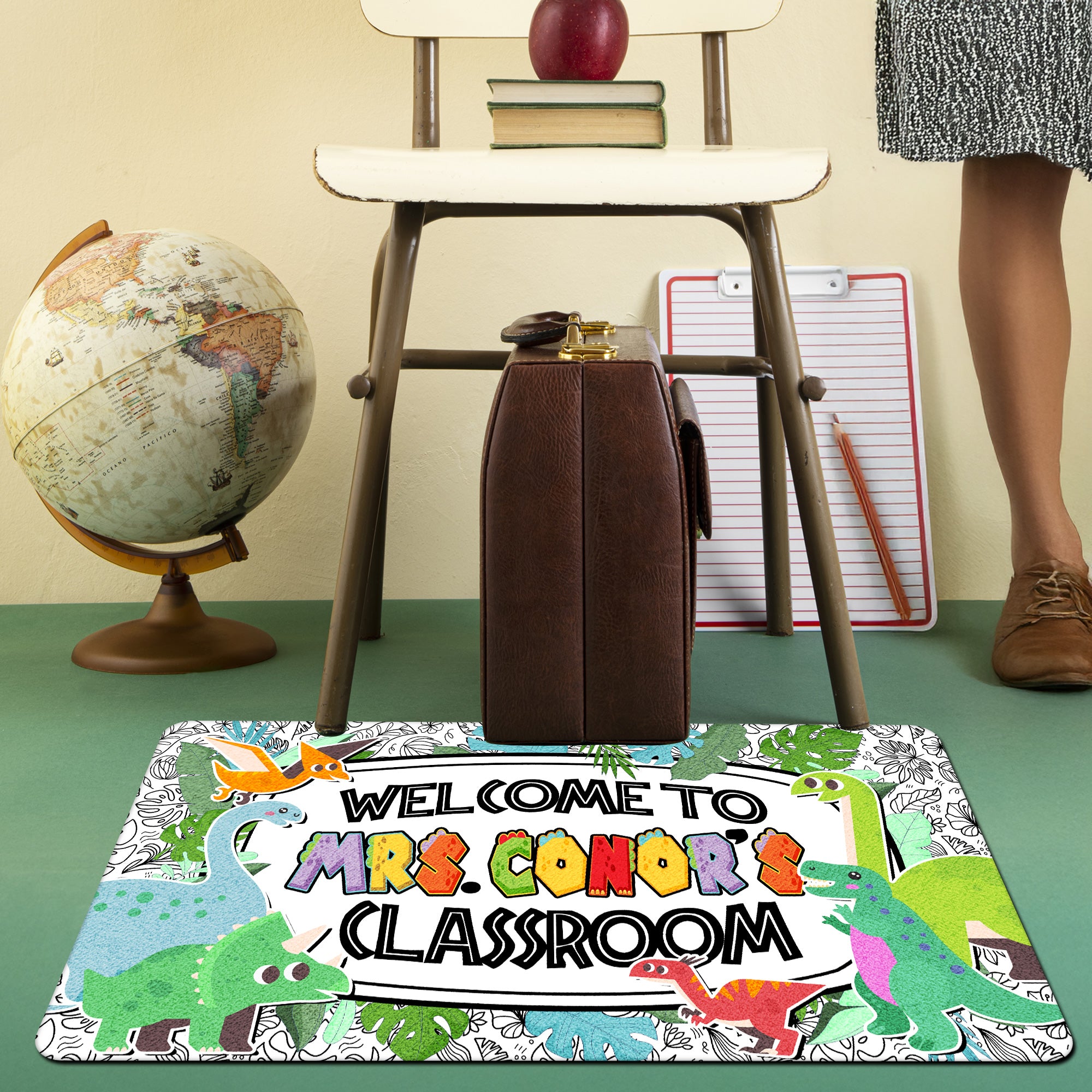 Dinosaur Teacher Doormat - Welcome to the Classroom Rug - Personalized Dino Decor for Kids and Teachers