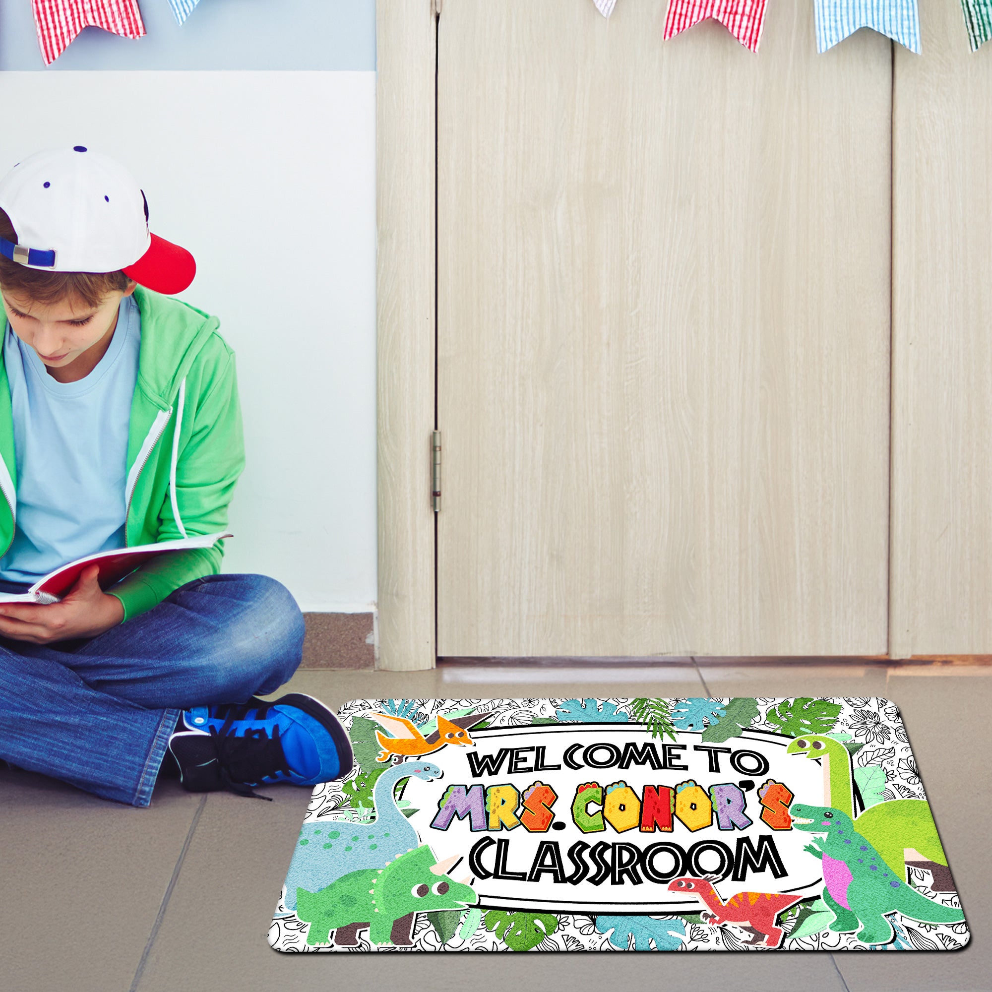 Dinosaur Teacher Doormat - Welcome to the Classroom Rug - Personalized Dino Decor for Kids and Teachers