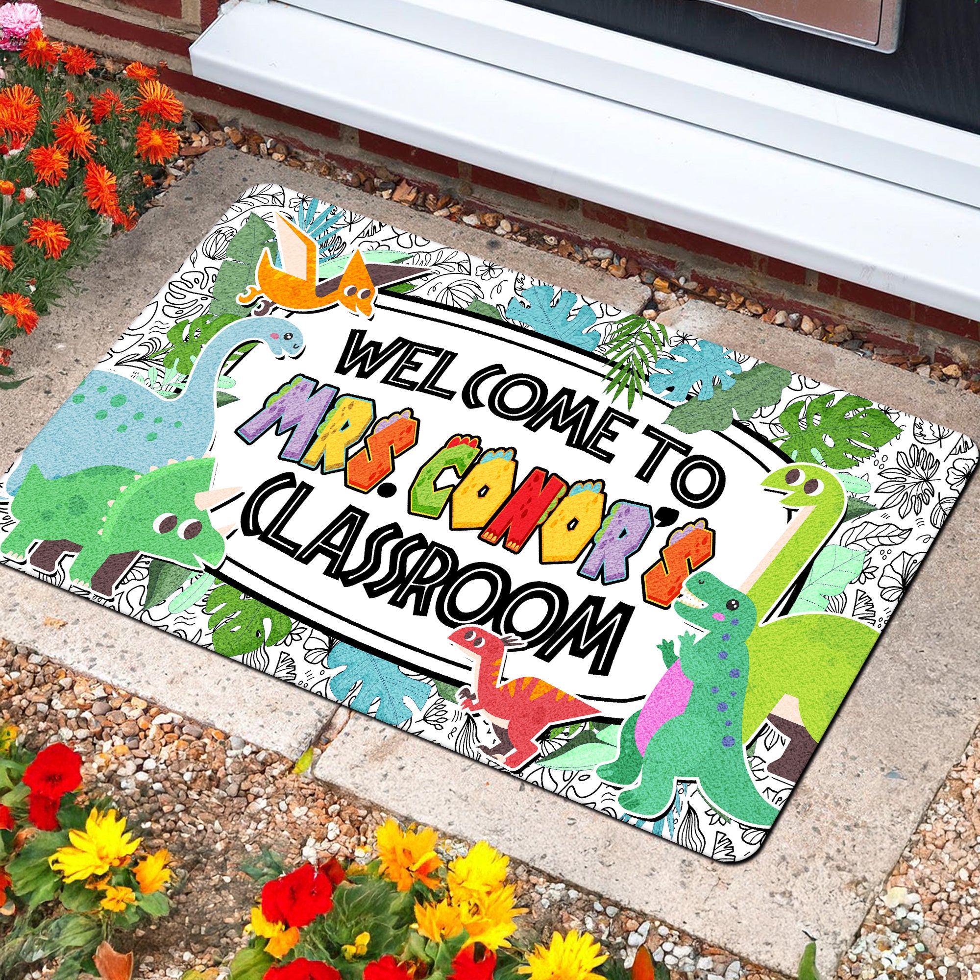 Dinosaur Teacher Doormat - Welcome to the Classroom Rug - Personalized Dino Decor for Kids and Teachers