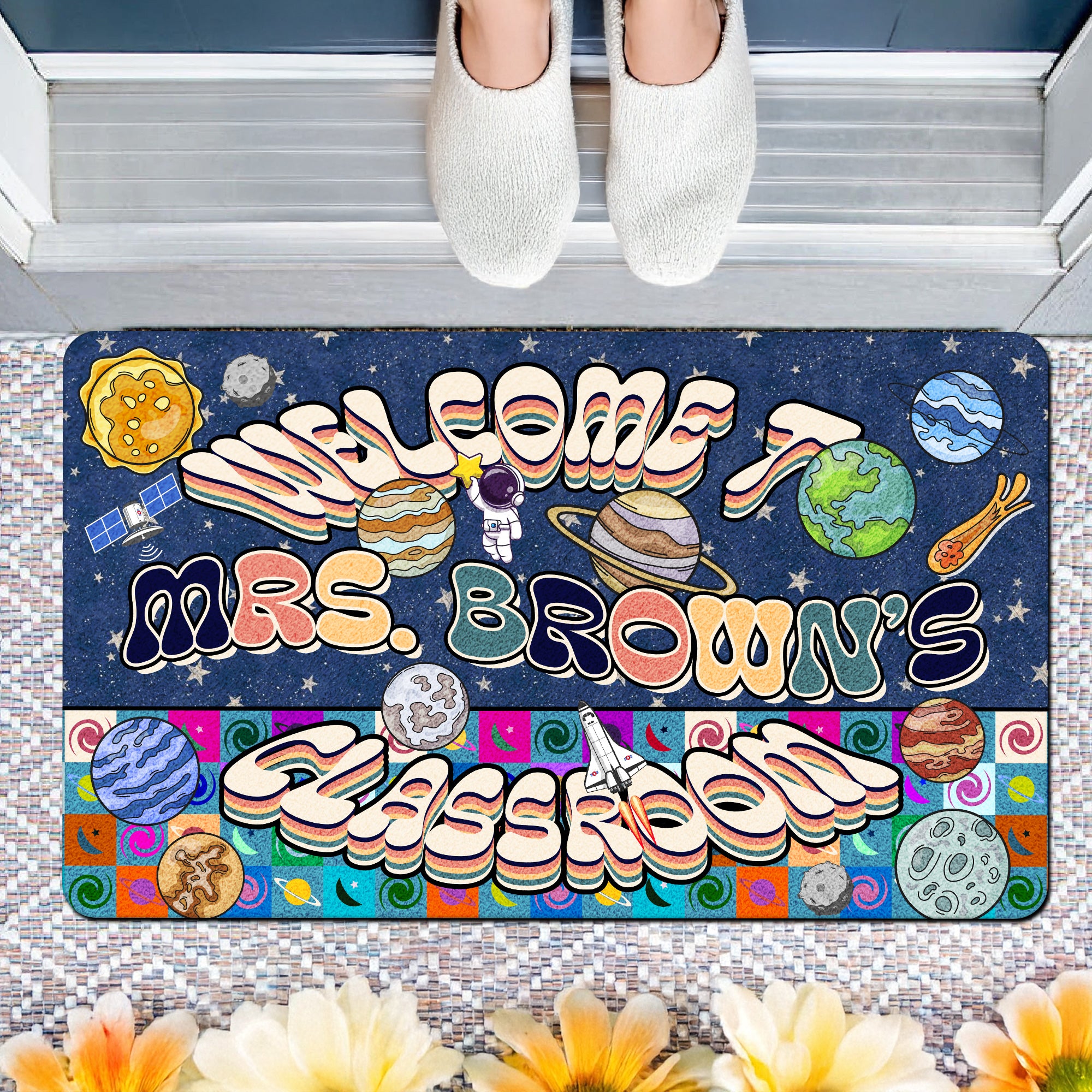 Space Theme Teacher Doormat - Welcome to the Classroom Rug - Personalized Galaxy Decor for Future Astronauts