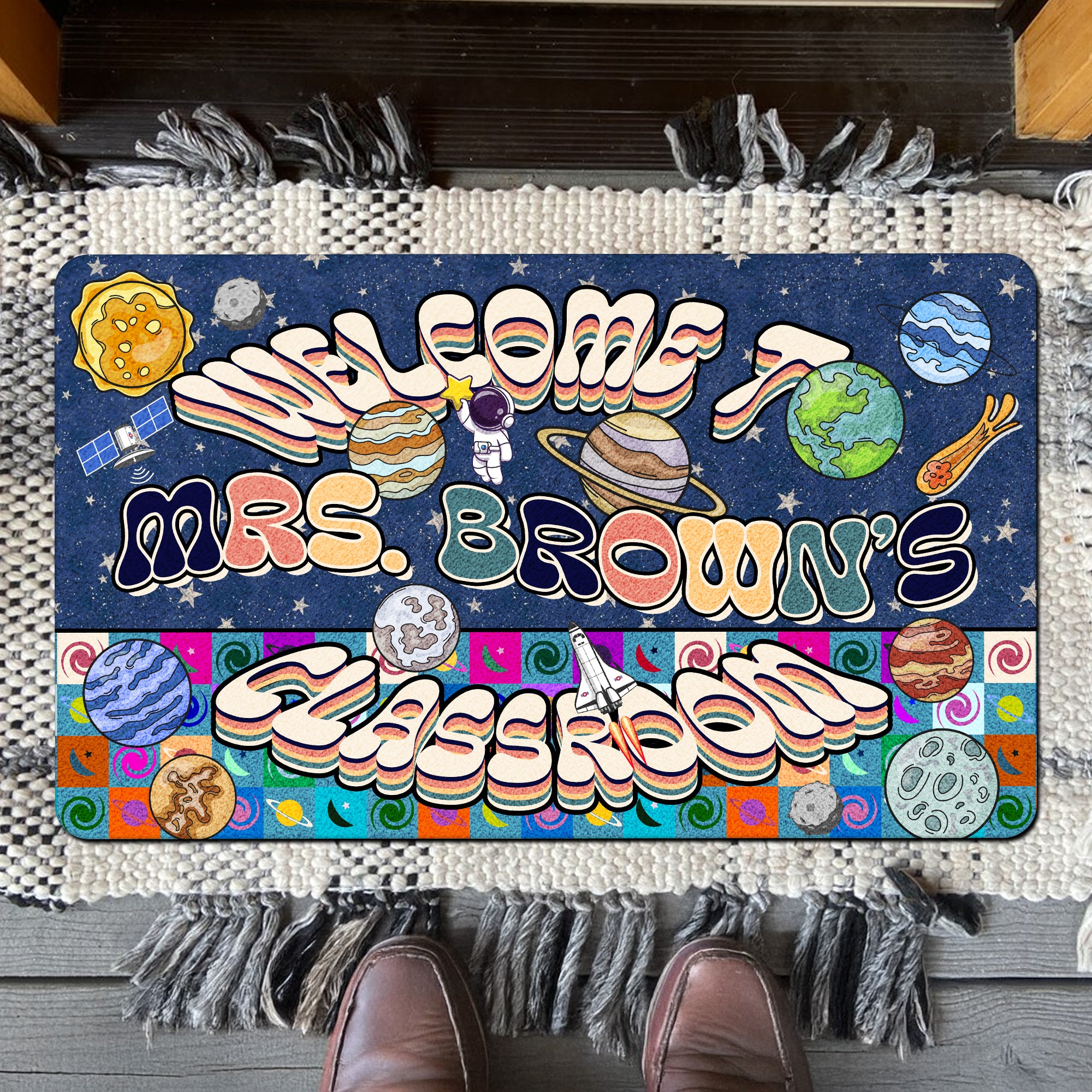 Space Theme Teacher Doormat - Welcome to the Classroom Rug - Personalized Galaxy Decor for Future Astronauts